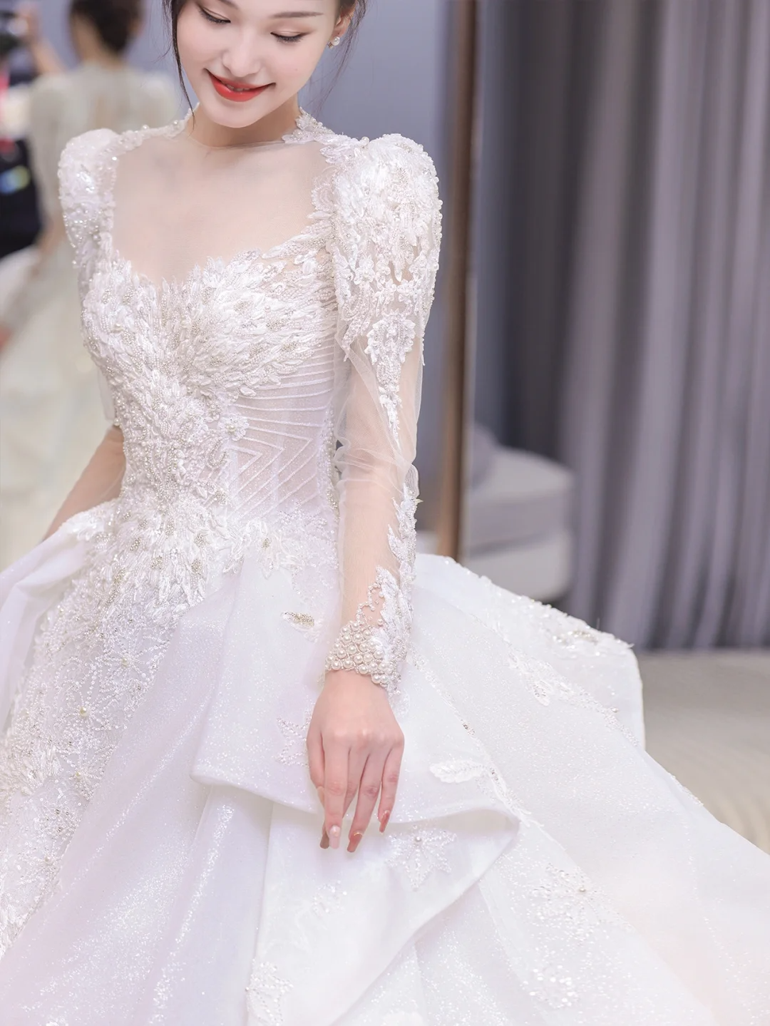 Timeless Ball Gown Satin Tulle Applique Beaded Long Sleeves Long Wedding Dresses