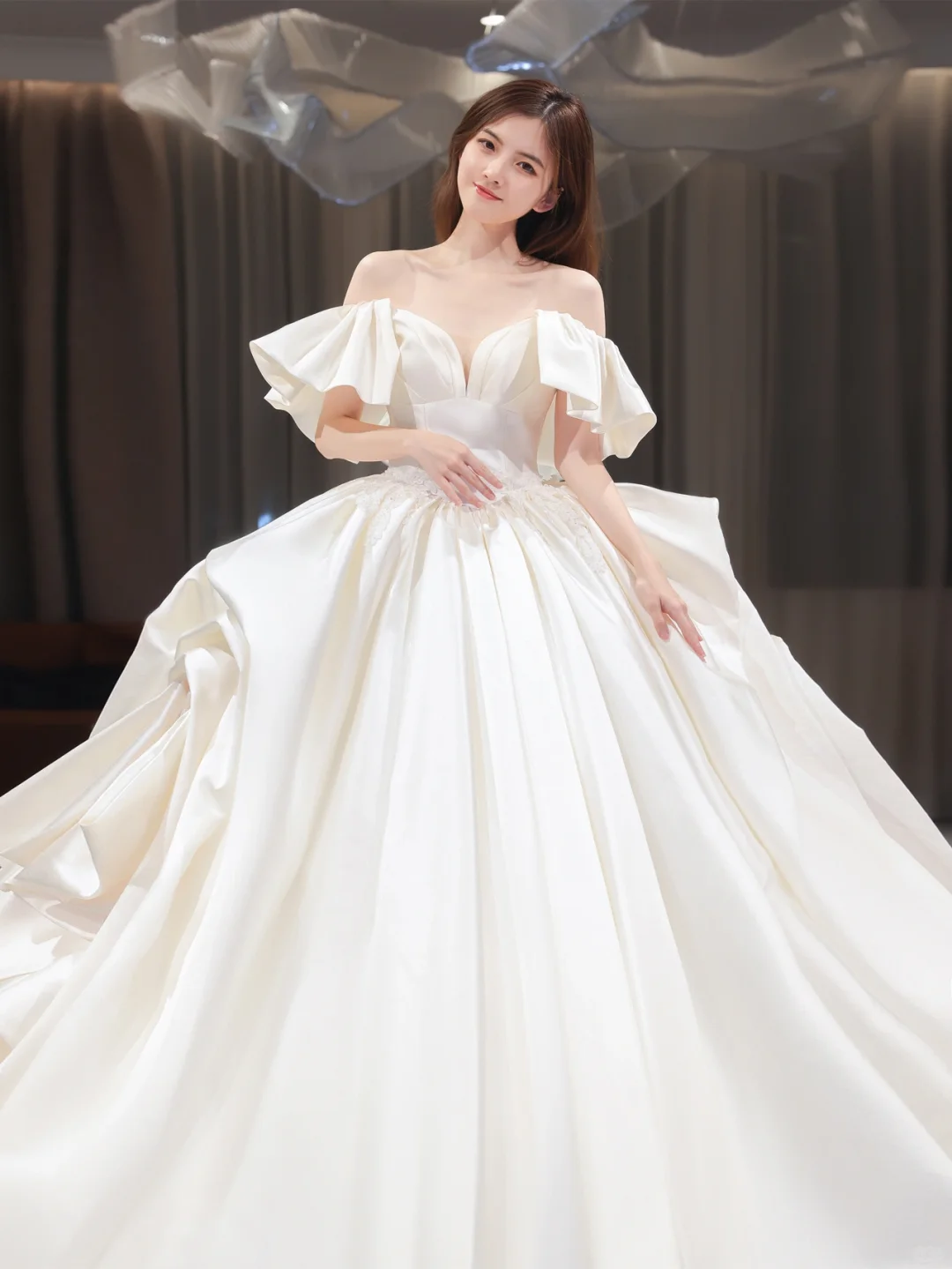 Elegant Ball Gown Off The Shoulder Satin Long Wedding Dresses