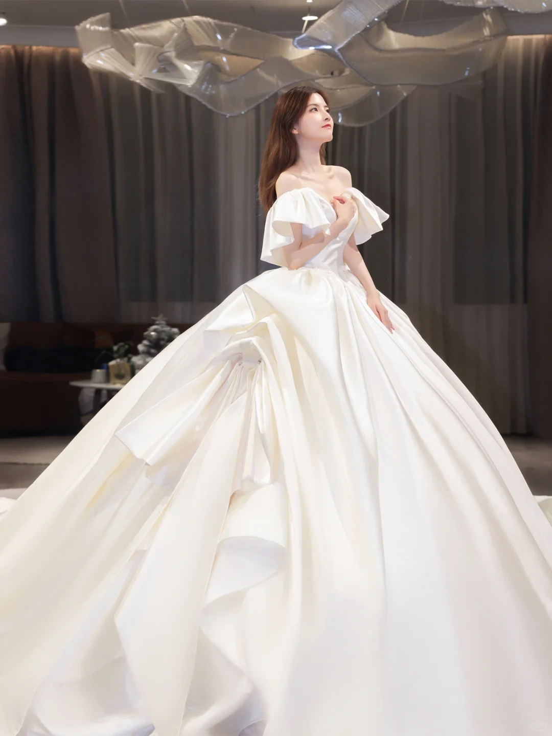 Elegant Ball Gown Off The Shoulder Satin Long Wedding Dresses