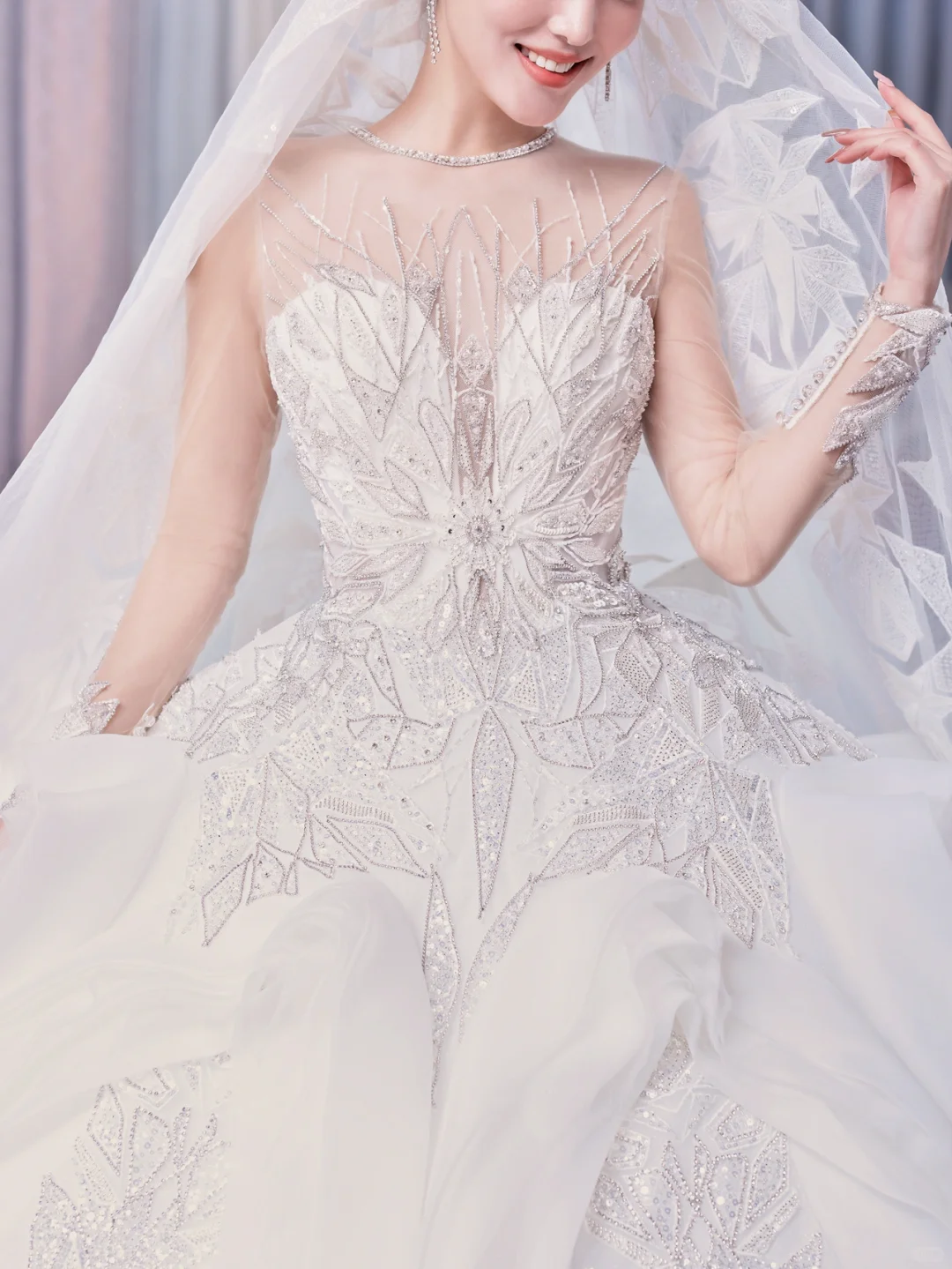 Timeless Ball Gown Tulle Lace Long Sleeves With Veil Long Wedding Dresses