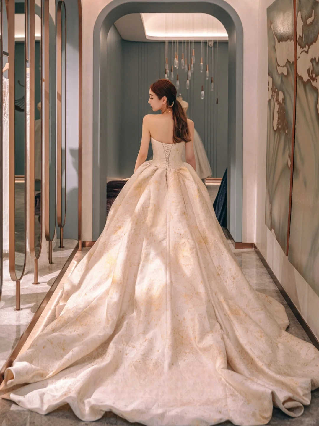 Dreamy Ball Gown Strapless Satin Beaded Long Wedding Dresses