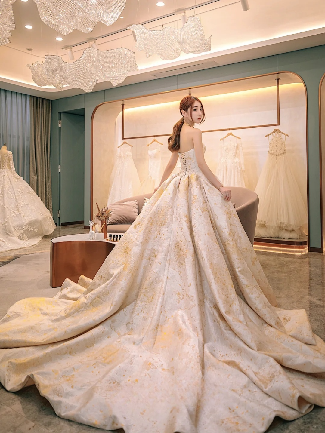 Dreamy Ball Gown Strapless Satin Beaded Long Wedding Dresses