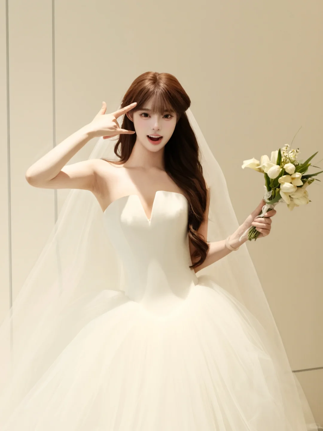 Princessful Ball Gown Strapless Satin Tulle With Veil Long Wedding Dresses