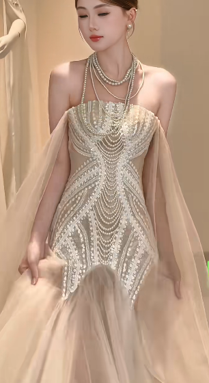 Chic Mermaid Strapless Tulle Lace Beaded Long Wedding Dresses