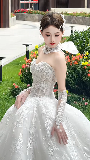Sweet Ball Gown Strapless Tulle Lace With Sleeves Veil Long Wedding Dresses