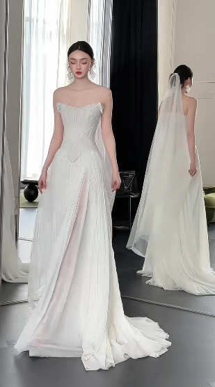 Elegant A Line Strapless Chiffon Tulle With Veil Long Wedding Dresses
