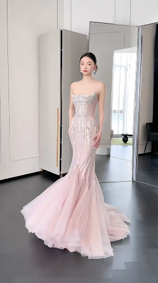 Timeless Mermaid Starpless Tulle Sequin Beaded Long Wedding Dresses