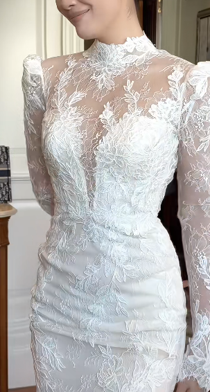 Dreamy Mermaid White Satin Tulle Lace Long Sleeves Long Wedding Dresses