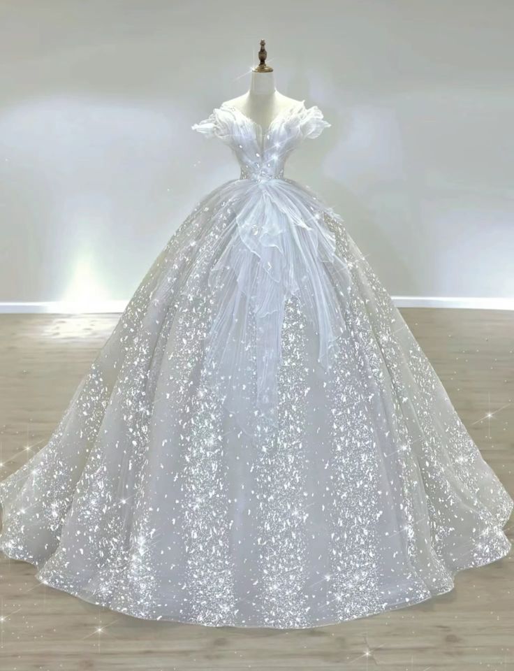 Glitter Ball Gown Strapless Chiffon Tulle Sequin Long Wedding Dresses