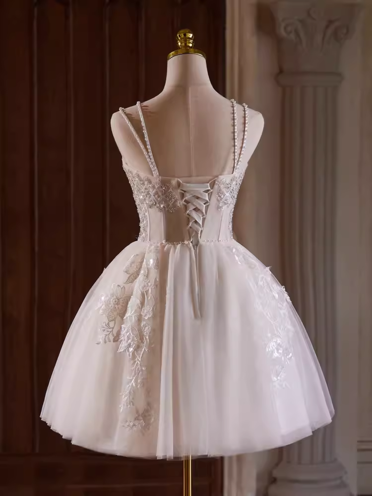 Cute Ball Gown Straps Beads Party Dress White Homecoming Dresses