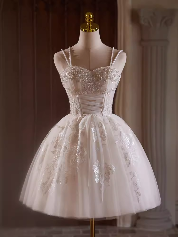 Cute Ball Gown Straps Beads Party Dress White Homecoming Dresses