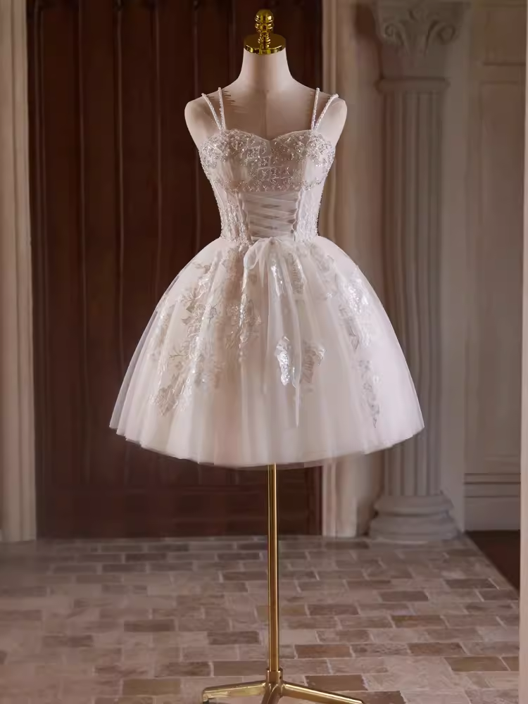 Cute Ball Gown Straps Beads Party Dress White Homecoming Dresses