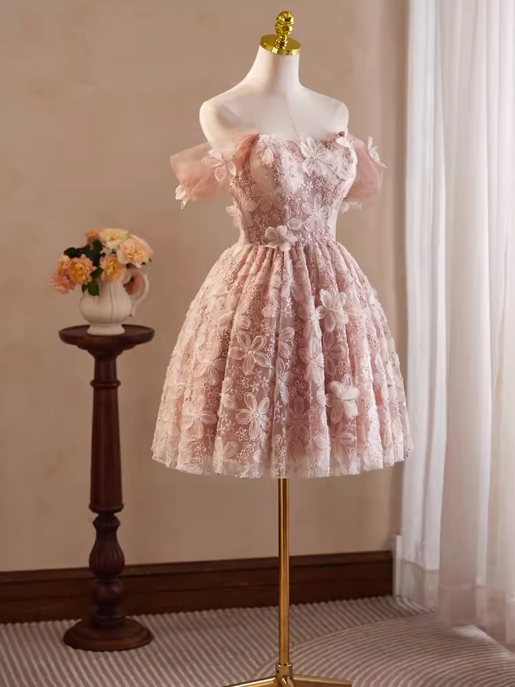 Cute Ball Gown Off The Shoulder Pink Lace Party Dress Homecoming Dresses