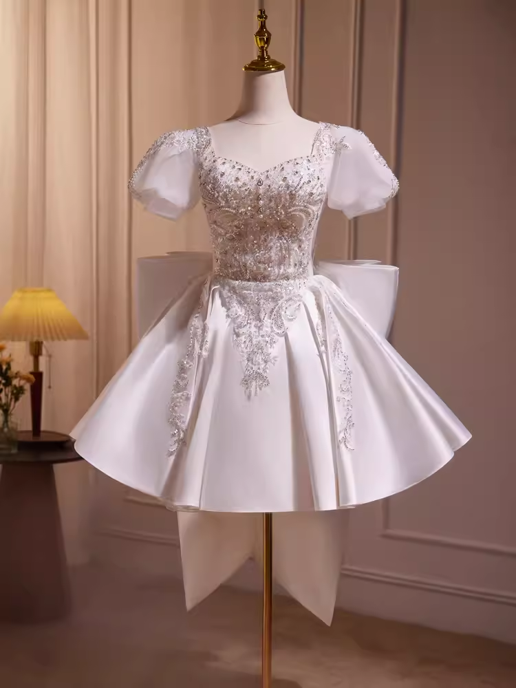 Cute Ball Gown Short Sleeves White Satin Party Dress Homecoming Dresses