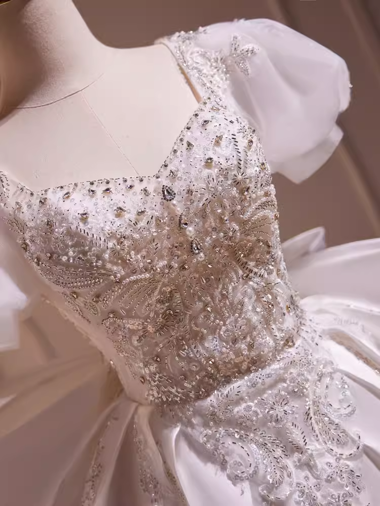 Cute Ball Gown Short Sleeves White Satin Party Dress Homecoming Dresses