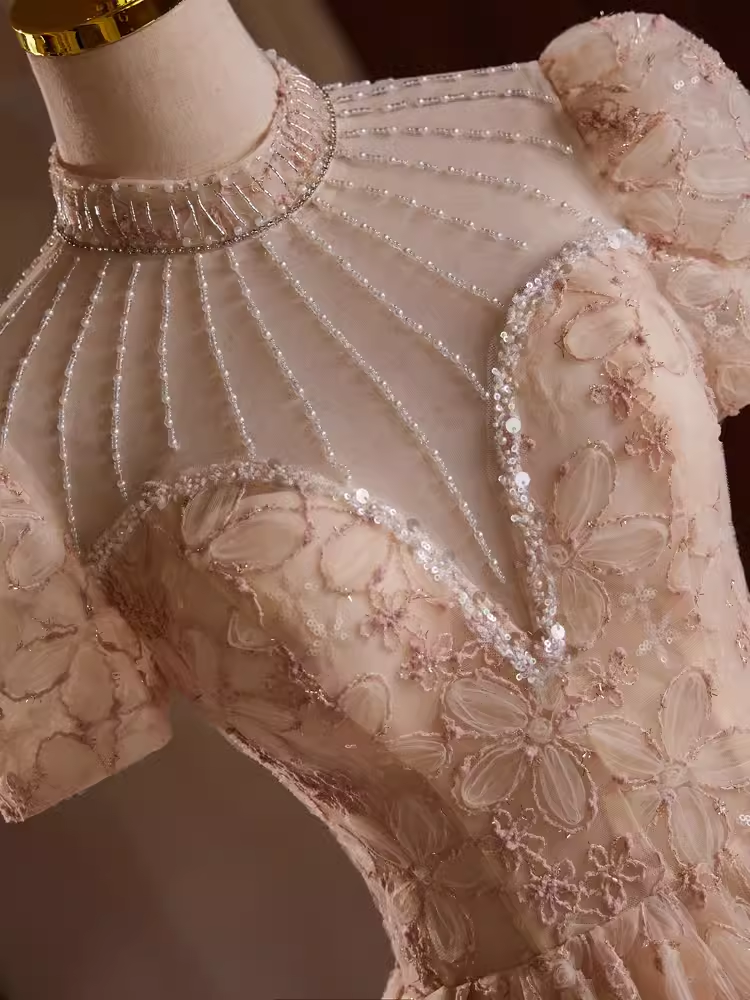 Elegant Ball Gown High Neckline Pink Tulle Party Dress Lace Homecoming Dresses