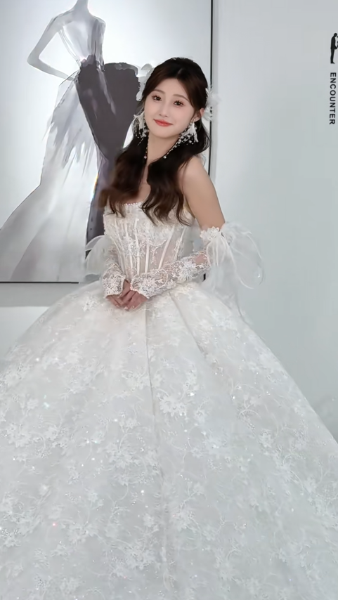 Dreamy Ball Gown Strapless Tulle Lace With Sleeves Long Wedding Dresses