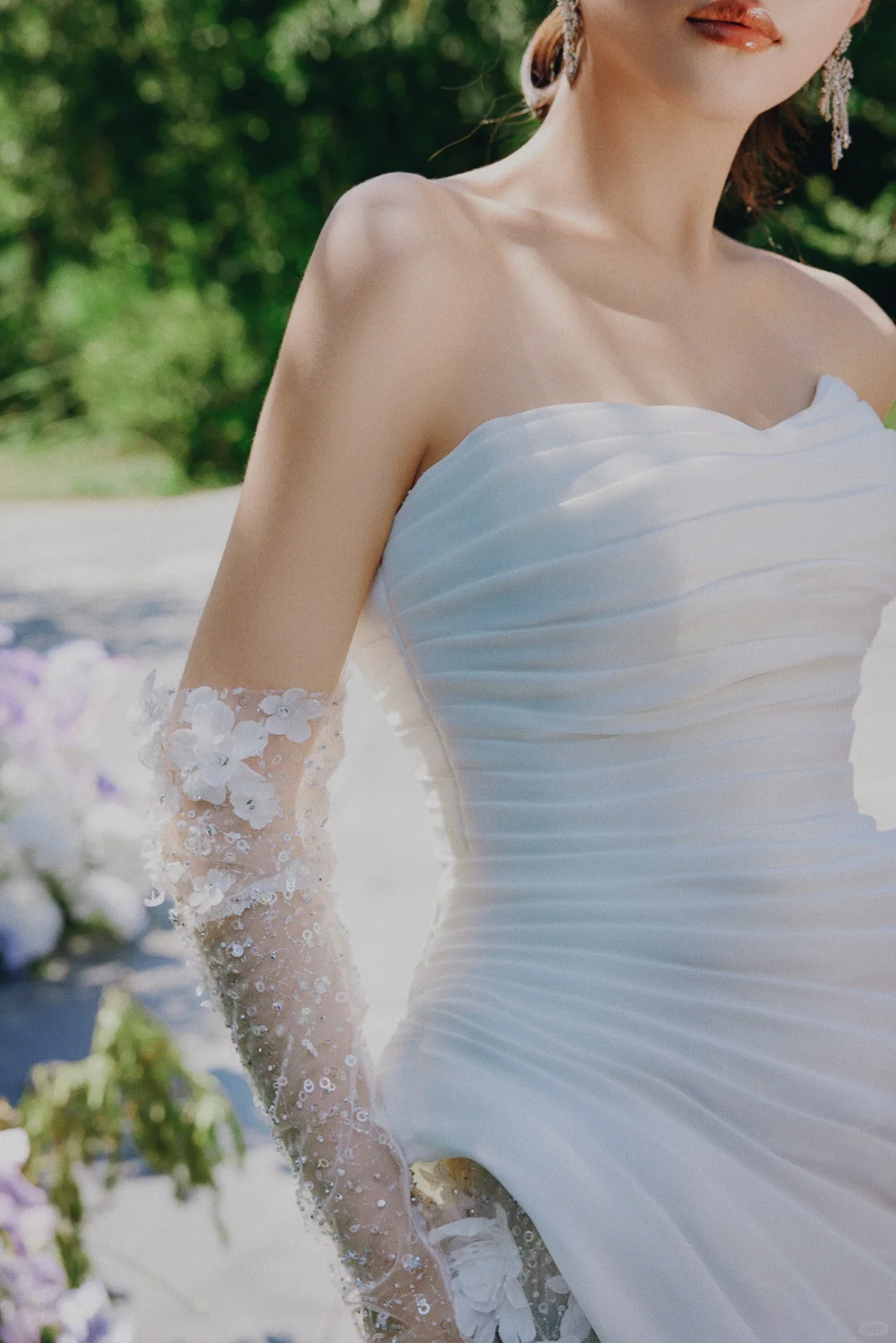 Unique Mermaid Strapless Satin Tulle Applqiue With Sleeves Long Wedding Dresses