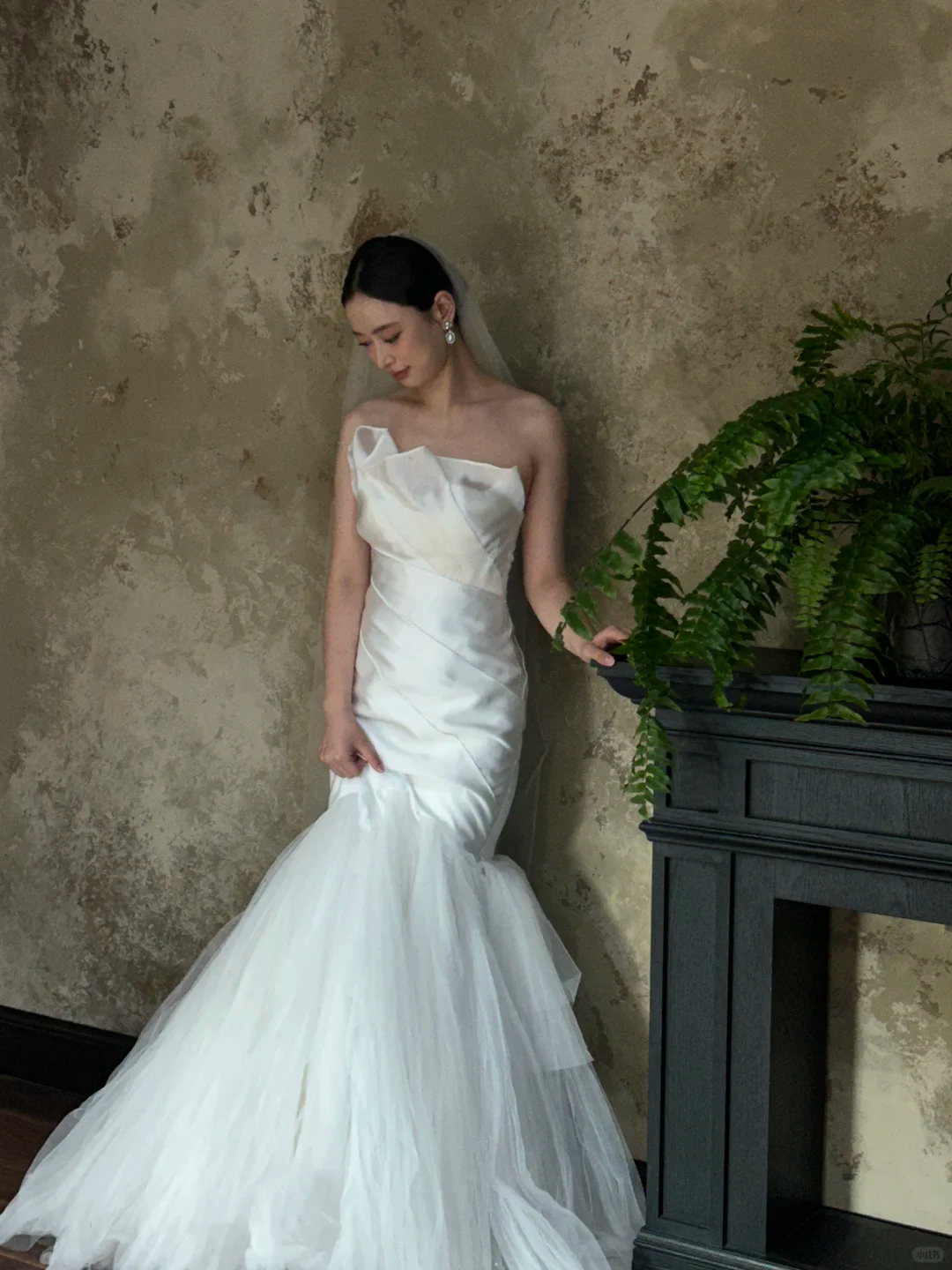 Dreamy Mermaid Strapless Satin Tulle With Veil Long Wedding Dresses