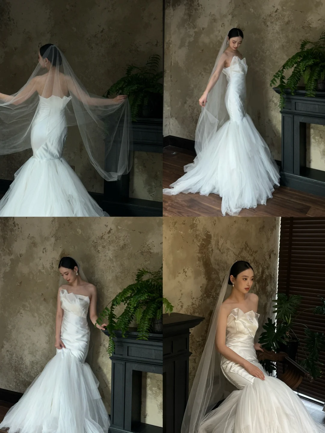 Dreamy Mermaid Strapless Satin Tulle With Veil Long Wedding Dresses
