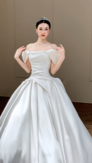 Elegant Ball Gown Off The Shoulder Satin Long Wedding Dresses