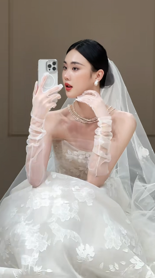 Dreamy Ball Gown Strapless Tulle Lace With Veil Long Wedding Dresses