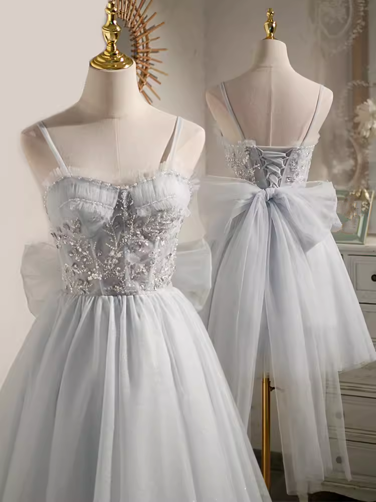 Elegant Ball Gown Straps Tulle Party Dress Gray Homecoming Dresses