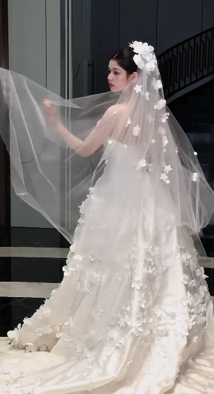 Dreamy Ball Gown Strapless Satin Applique With Veil Long Wedding Dresses