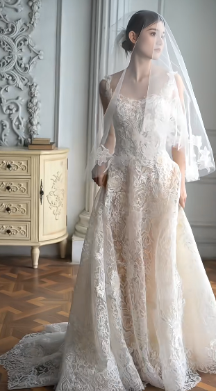 Gorgeous A Line Spaghetti Straps Tulle Lace With Veil Long Wedding Dresses