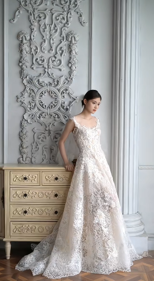 Gorgeous A Line Spaghetti Straps Tulle Lace With Veil Long Wedding Dresses