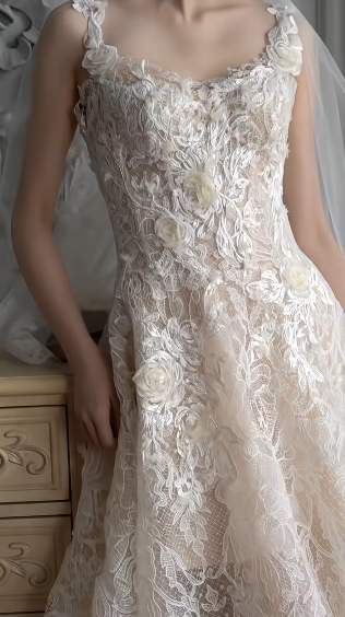Gorgeous A Line Spaghetti Straps Tulle Lace With Veil Long Wedding Dresses
