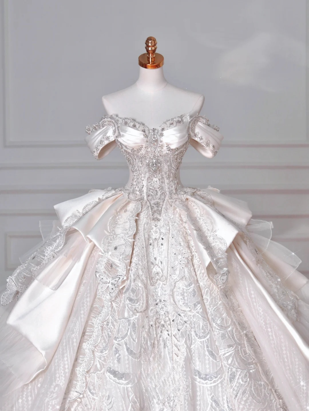 Timeless Ball Gown Off The Shoulder Satin Tulle Lace Sequin Beads Long Wedding Dresses