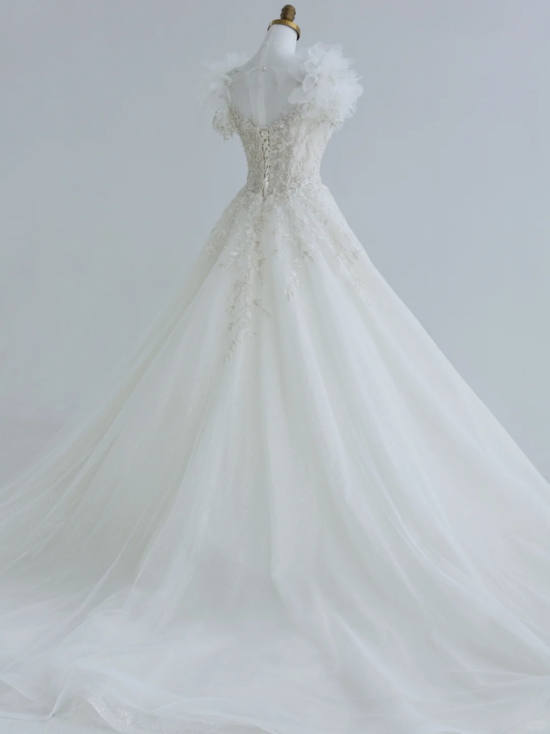 Unique A Line Tulle Sequin Beads Applique Short Sleeves Long Wedding Dresses