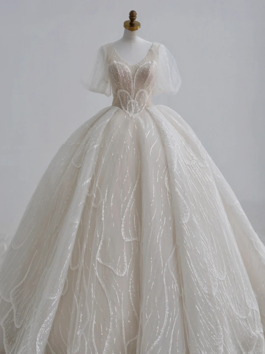 Classy Ball Gown V Neck Tulle Sequin Short Sleeves Long Wedding Dresses
