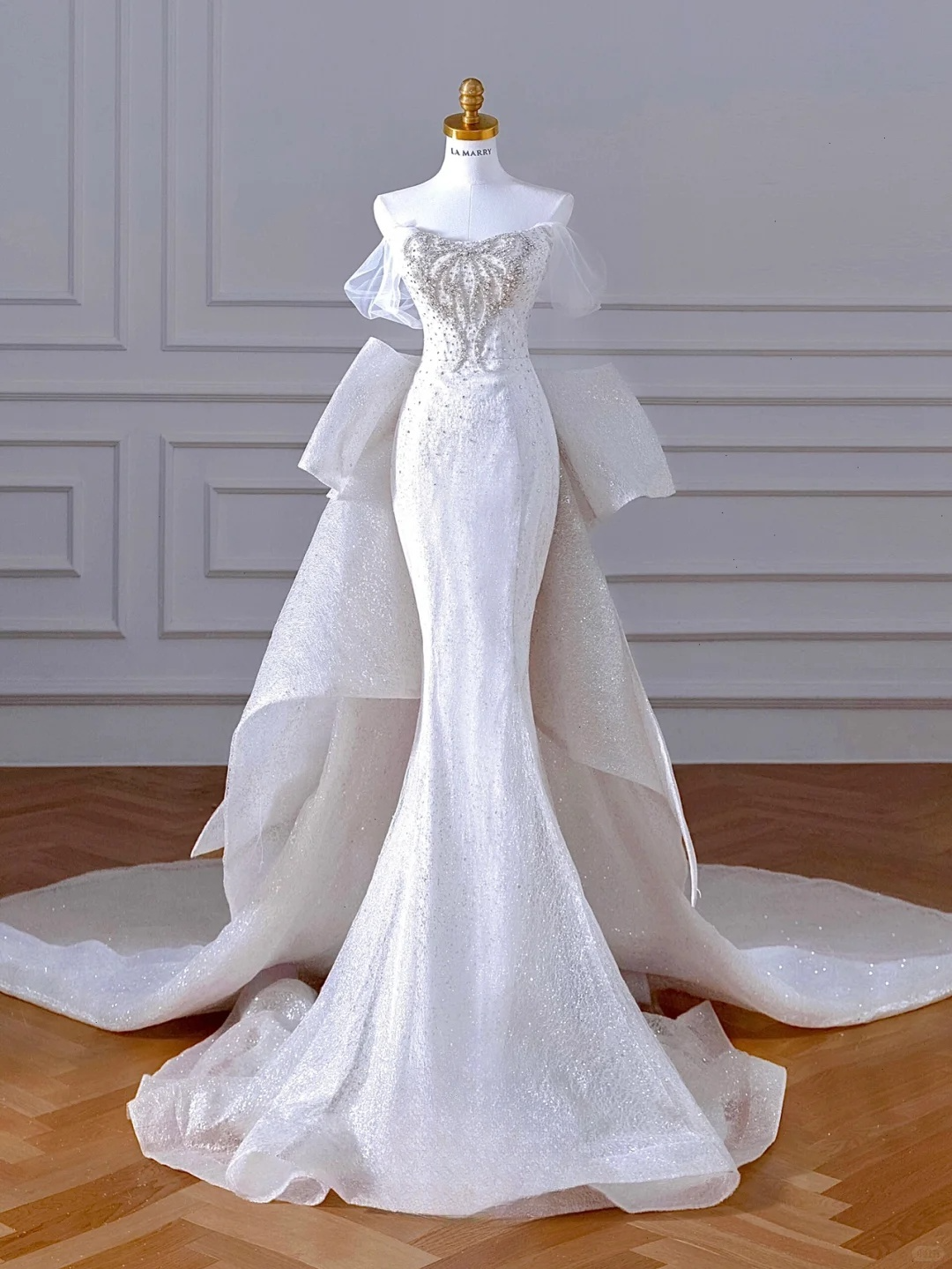 Glitter Mermaid Off The Shoulder Satin Sequin Beads Back With Bow Long Wedding Dresses