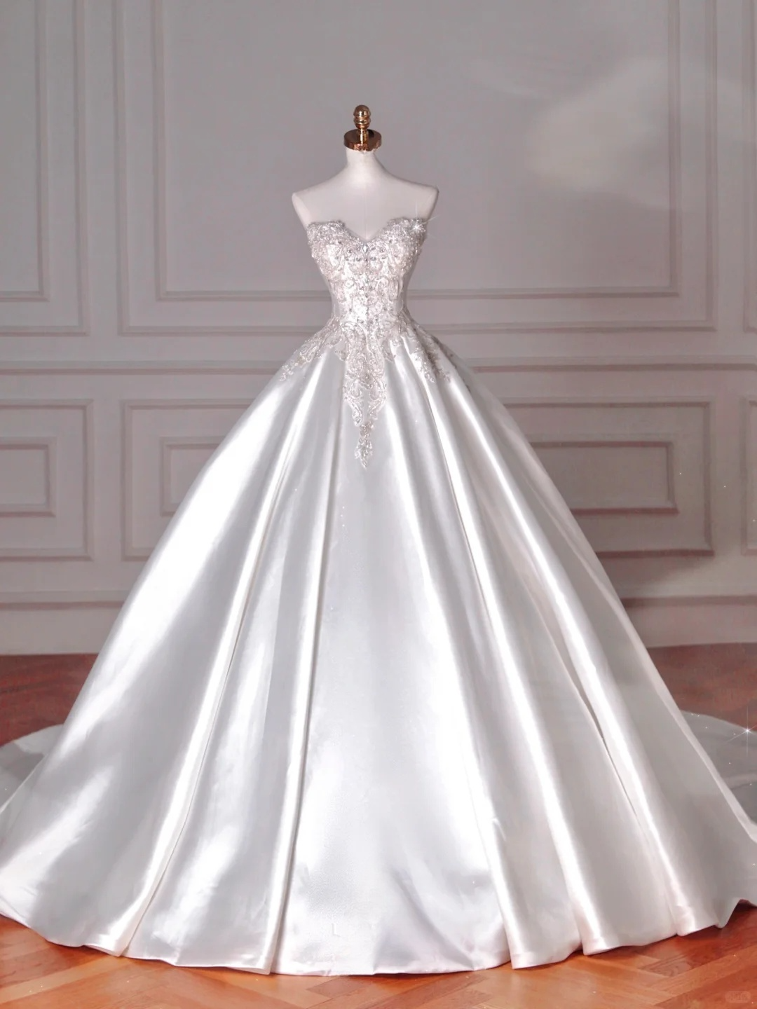 Dreamy Ball Gown Strapless Satin Sequin Beads Long Wedding Dresses