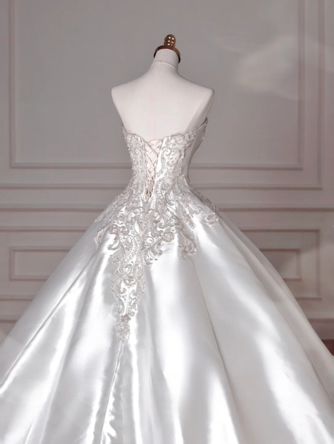 Dreamy Ball Gown Strapless Satin Sequin Beads Long Wedding Dresses