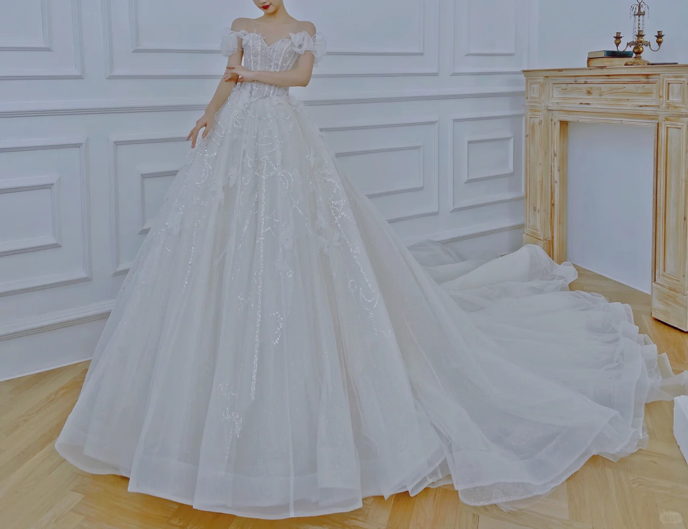 Pretty Ball Gown Off The Shoulder Tulle Sequin With Veil Long Wedding Dresses