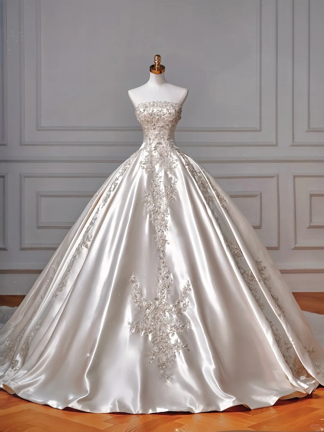 Gorgeous Ball Gown Strapless Satin Sequin Beads Long Wedding Dresses