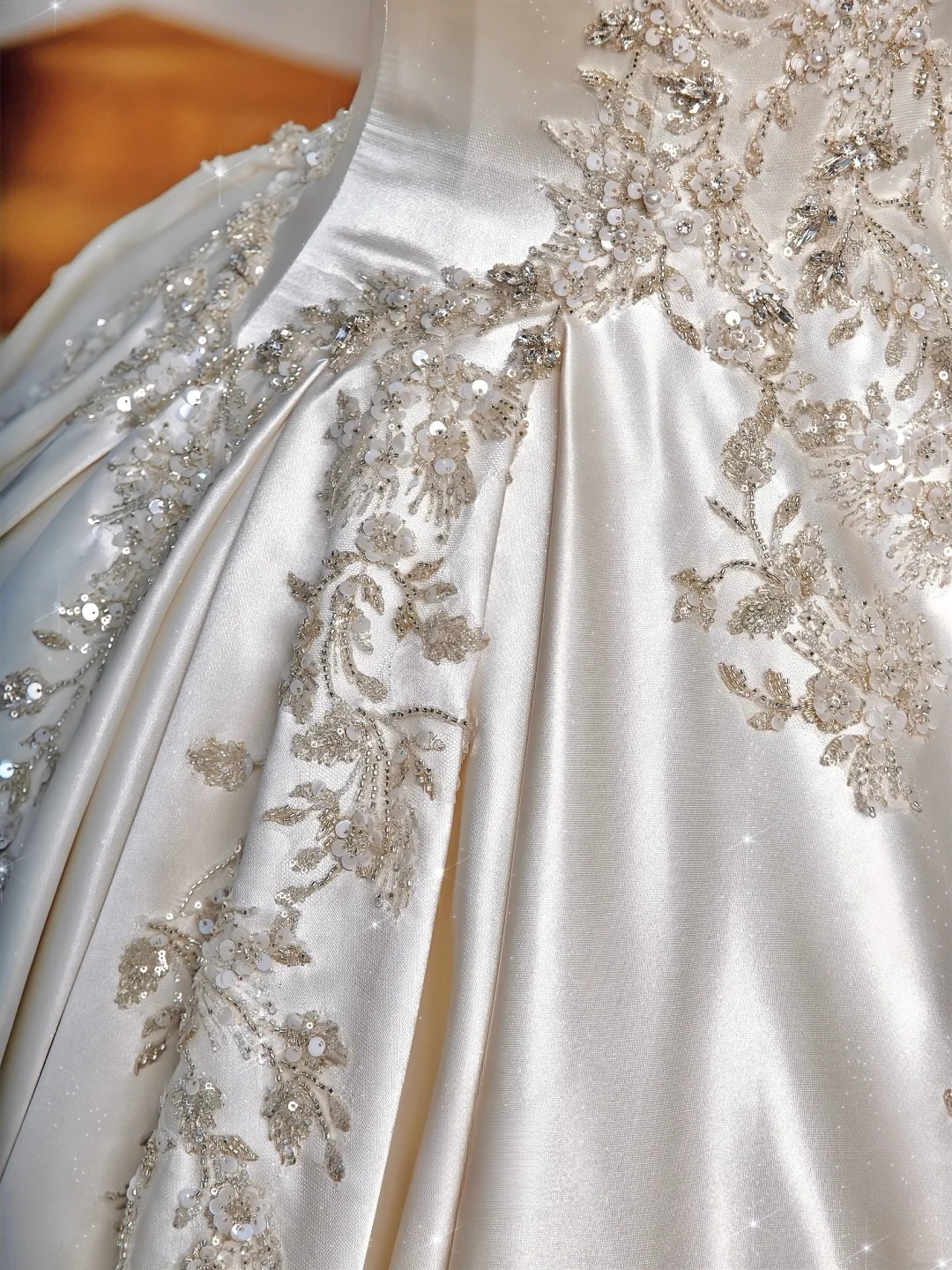 Gorgeous Ball Gown Strapless Satin Sequin Beads Long Wedding Dresses