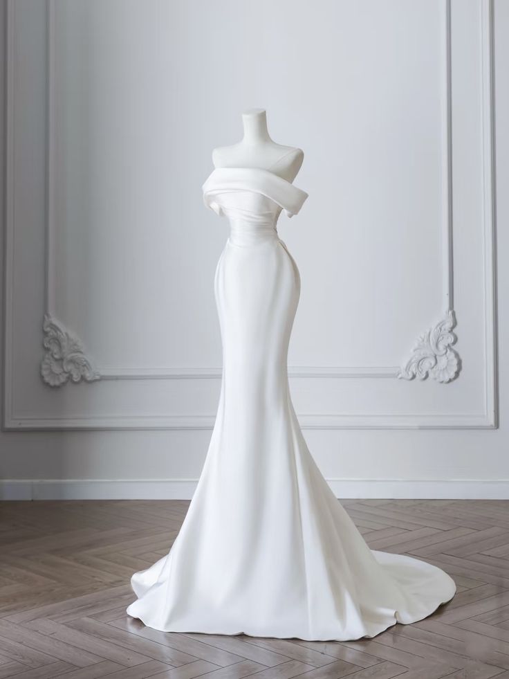 White Elegant Mermaid Off The Shoulder Satin Long Wedding Dresses