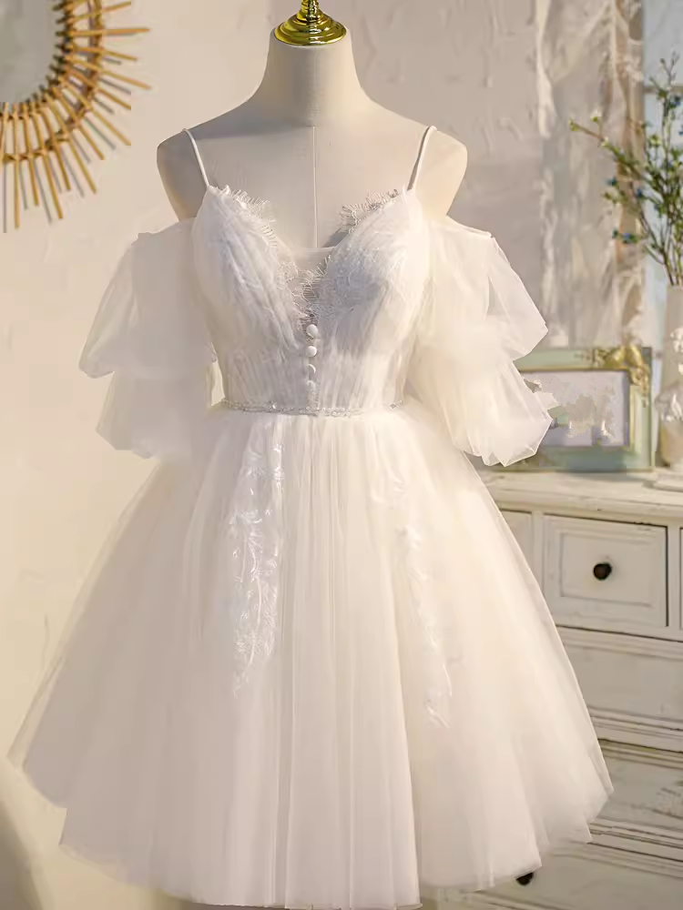 Elegant Ball Gown Straps Tulle Party Dress White Homecoming Dresses