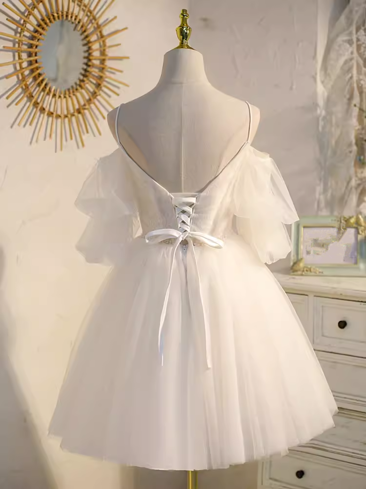 Elegant Ball Gown Straps Tulle Party Dress White Homecoming Dresses