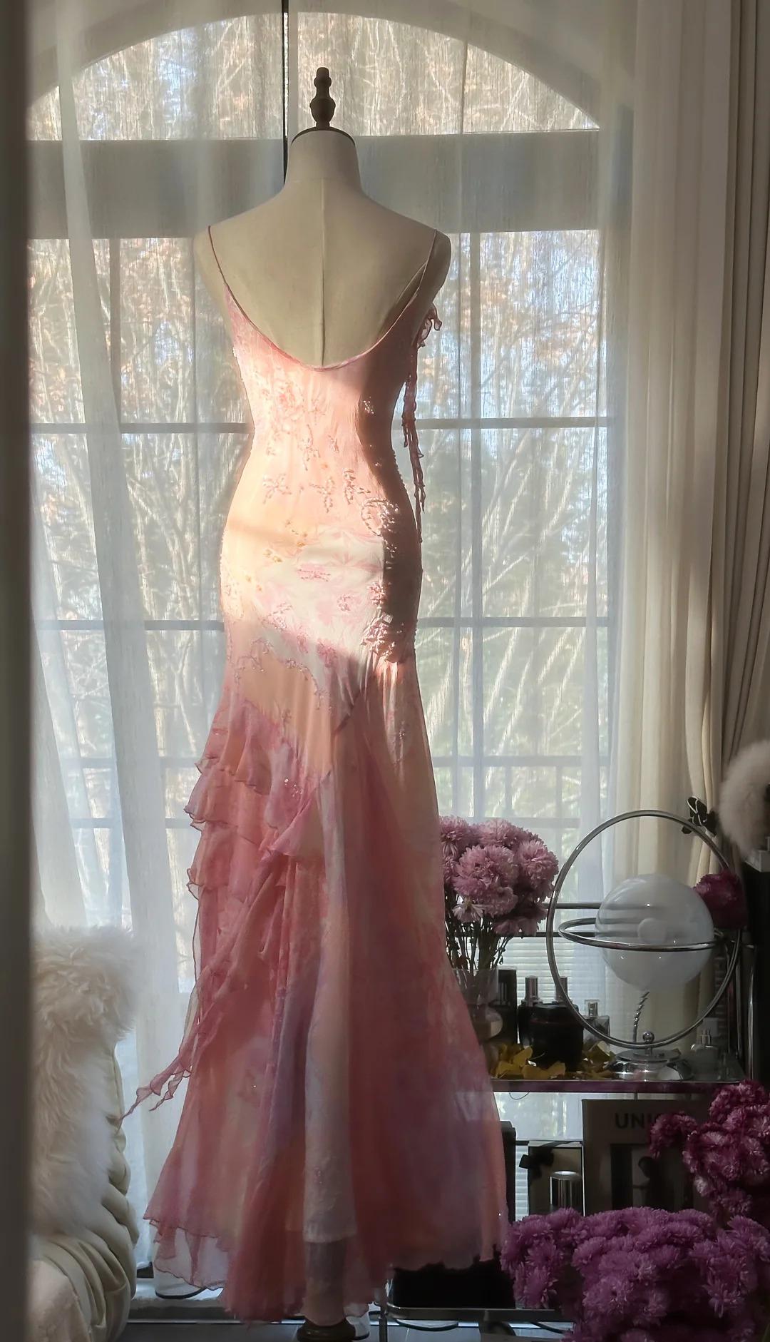 Special Mermaid Spaghetti Straps Chiffon Printed Beads Long Prom Dresses Formal Dress