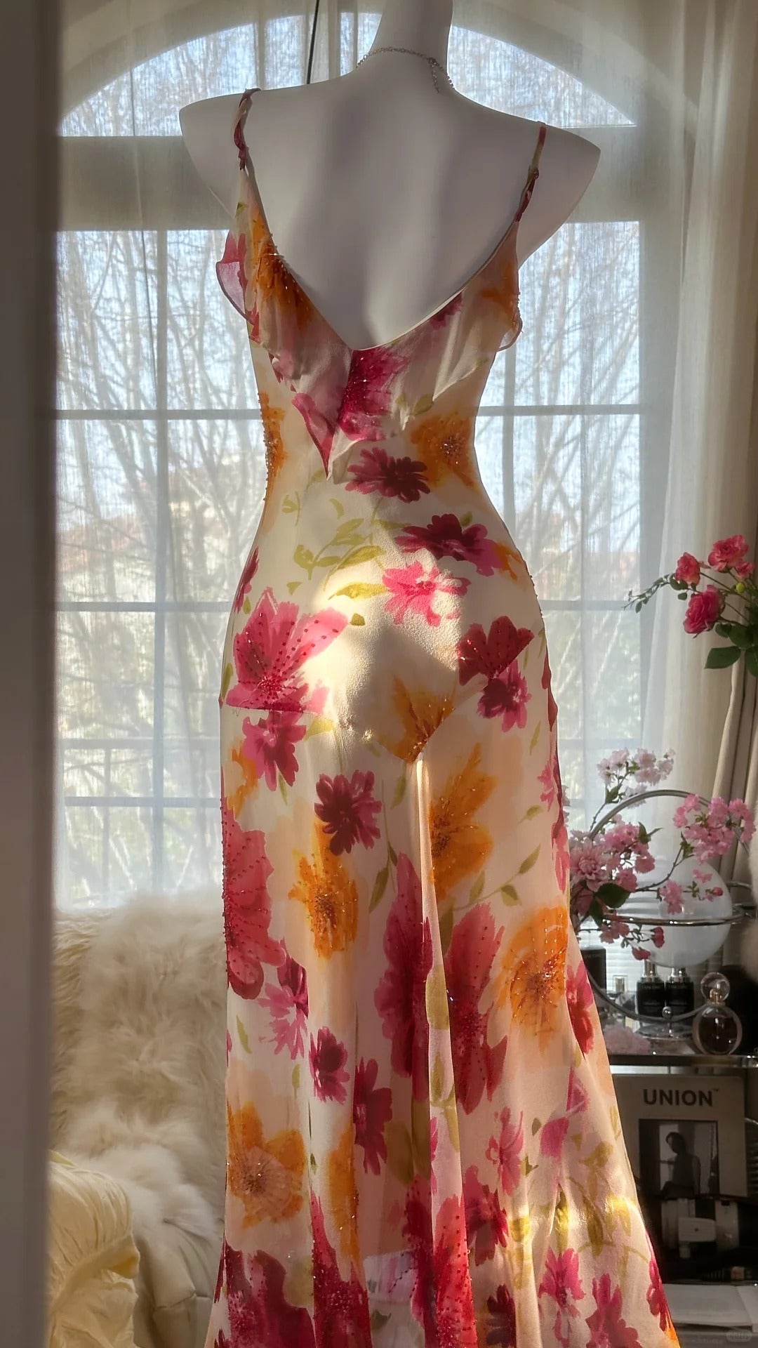 Sexy Mermaid Spaghetti Straps Chiffon Printed Flowers Beads Long Prom Dresses Formal Dress