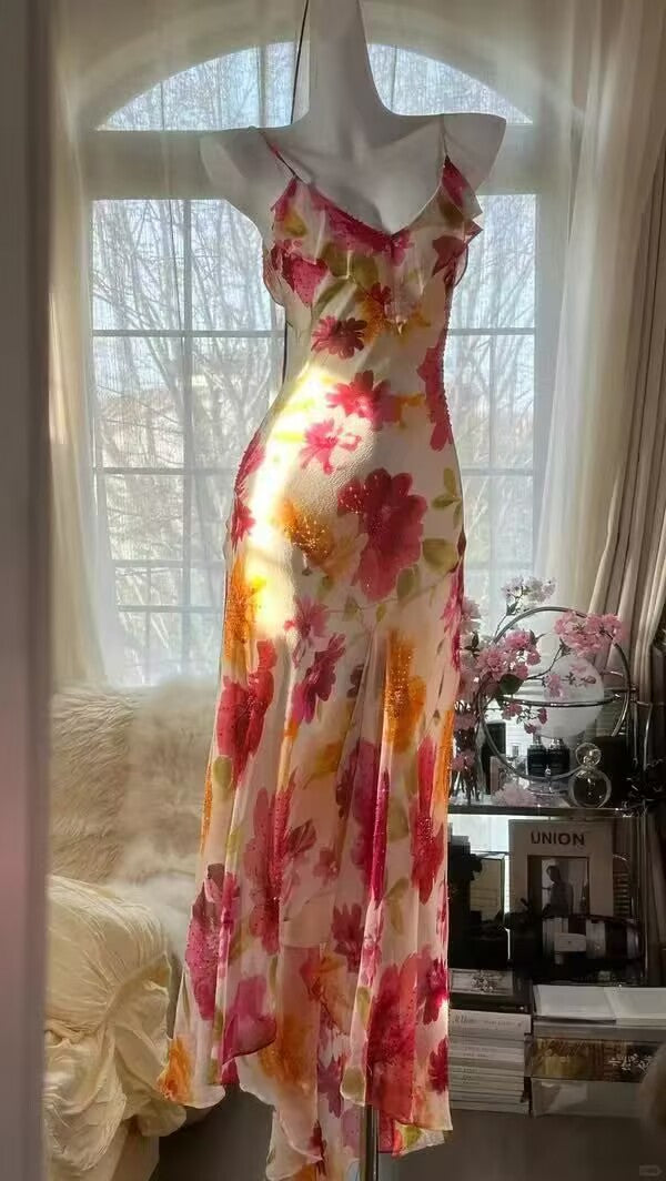 Sexy Mermaid Spaghetti Straps Chiffon Printed Flowers Beads Long Prom Dresses Formal Dress