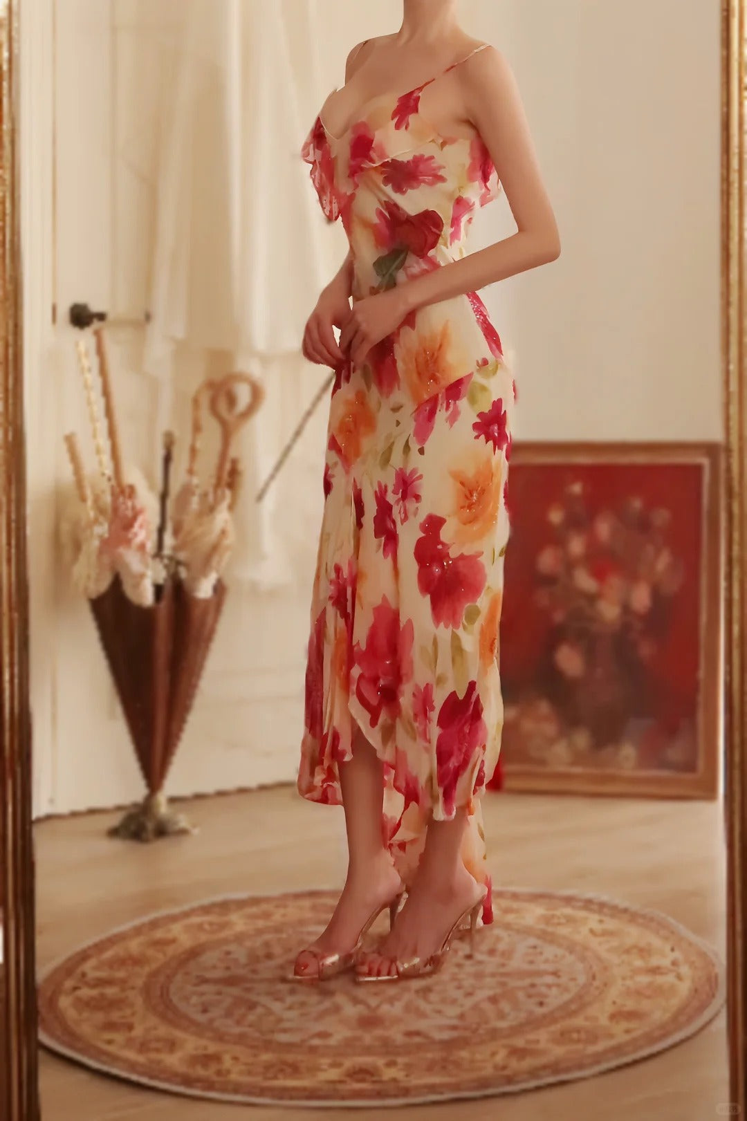 Sexy Mermaid Spaghetti Straps Chiffon Printed Flowers Beads Long Prom Dresses Formal Dress