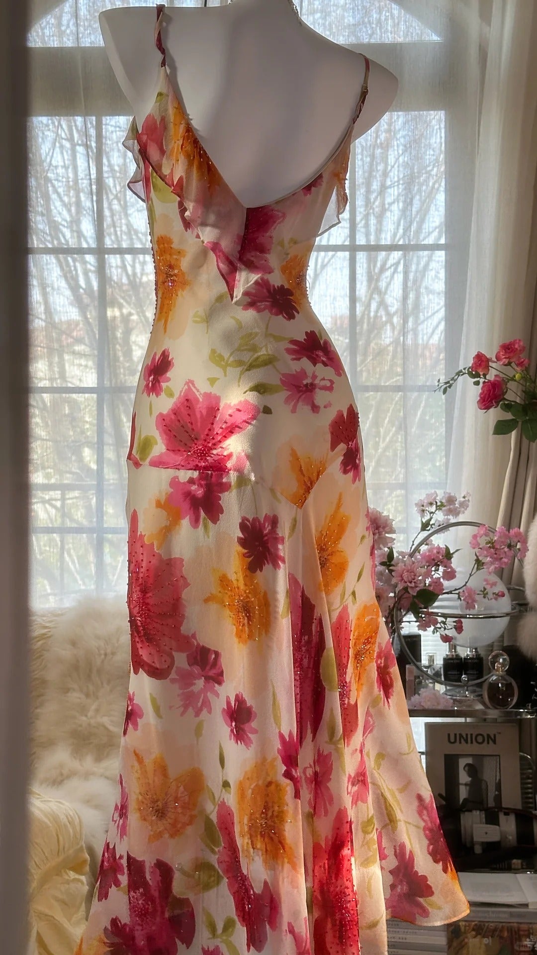 Sexy Mermaid Spaghetti Straps Chiffon Printed Flowers Beads Long Prom Dresses Formal Dress