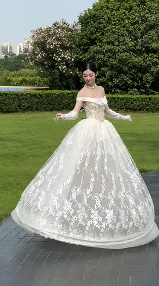 French Tender Ball Gown Off The Shoulder Tulle Lace With Sleeves Long Wedding Dresses