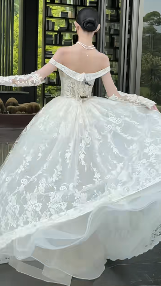 French Tender Ball Gown Off The Shoulder Tulle Lace With Sleeves Long Wedding Dresses